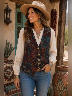 NWT Vintage Cindy Collins Tapestry Vest Kemington Express 20 GA Buttons Large US